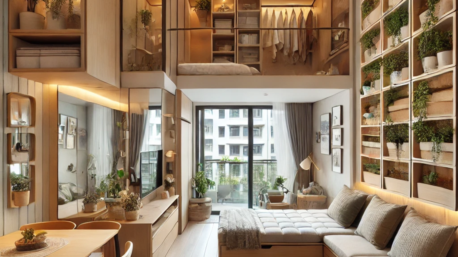 A cozy, stylish Mumbai apartment interior showcasing creative ideas for maximizing small spaces. The room is designed with multifunctional furniture l