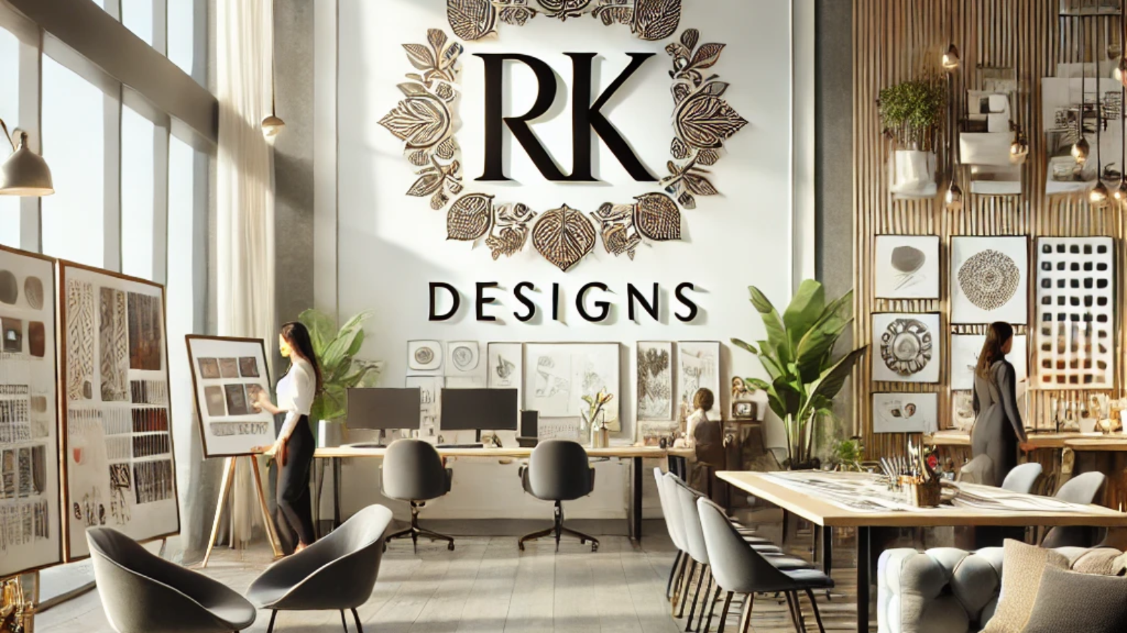 A modern and stylish interior design office environment prominently showcasing the RK Designs logo.