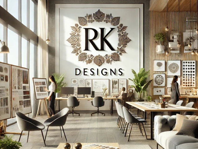 A modern and stylish interior design office environment prominently showcasing the RK Designs logo.