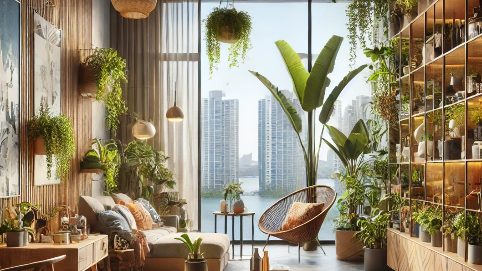 A modern and stylish interior design feature image showcasing a variety of 2024 design trends in Mumbai. The image should include elements like sustai